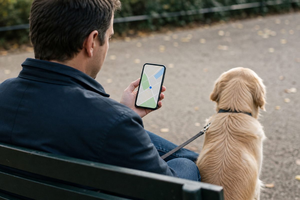 A dog owner checking their dog's location on a phone
